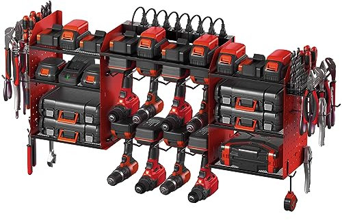 CCCEI Red Large Tools Organizer Wall Mount Charging Station, 39 Inch Long Power Tool Battery Storage Rack with 6FT Power Strip. 8 Drill Holder, Garage Utility Shelves. Pegboard Hanging Extension.