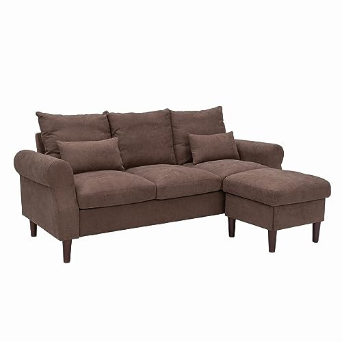 Panana 3 Seater Sofa with Footstool Set, Classic Couch, Solid Wood Legs Settee For Small living Room Office Lounge, Brown Linen Fabric