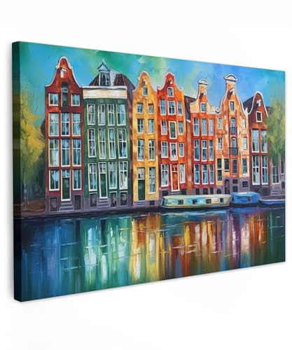 MuchoWow© Leinwände 90x60 cm Wall Decoration Bilder Schlafzimmer Deko Pictures Canvas Painting Wanddekoration Wohnzimmer Kunstdruck - Bunt - Amsterdam - Öl - Kanal - Gemälde - Kunst