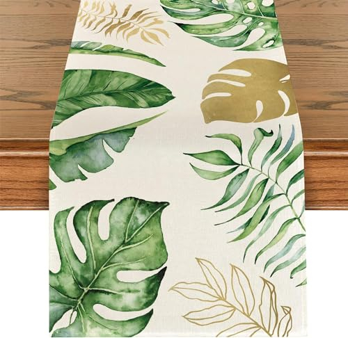 Grüne Blätter Sommer Tischläufer Tropische Palmenblätter Sommer Tischlaufer Frühling Küche Waschbar Esstisch Dekoration Tischdecke für Drinnen und Draußen Urlaub Party Wohnzimmer Dekor 40x180cm