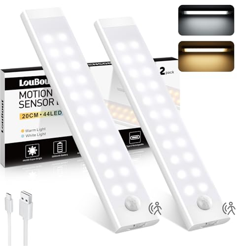 LouBout Unterbauleuchte Küche LED 2 Stück 44LED Schrankbeleuchtung mit Bewegungsmelder 2 Farbmodi Dimmbar & USB Aufladbar Magnetische Lichtleiste Nachtlicht für Kleiderschrank, Küche, Treppe(20CM)
