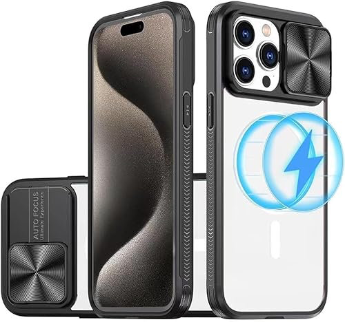 MEIQIBAO Cover per iPhone 14 Pro Custodia Magnetismo trasparente Protezione, Copri Fotocamera Scorrevole Ultra Sottile Rigida Hard Antiurto Antigraffio Antiscivolo Shockproof Protettiva Case nero