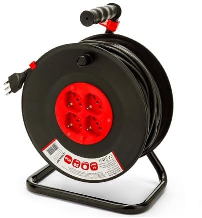PROLUNGA ELETTRICA 50 METRI CON AVVOLGICAVO H05VV-F 3G1,5 mm² CON 4 PRESE SCHUKO 10/16A 2P+T 220V MONOFASE SPINA 16A 3200W MARCA VELAMP