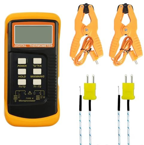 MSCHENZW Digital K Type Thermocouple Thermometer(-50-1300°C) Dual Channel 2 Thermometer Pipe Clamp and 2 Sensor Probes