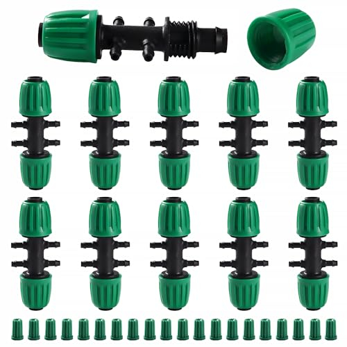 VooGenzek 10 Piezas Conectores en T con Púas para Riego por Goteo, Adaptador en T de 6 Vías Púas para Tubo 13/16 mm a 4/7 mm, Tubo de Tiego Tee por Goteo, para Césped, Jardín (Verde)