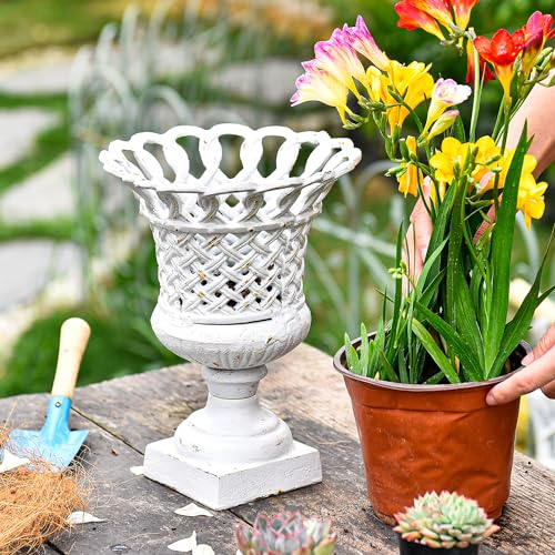 Sungmor Robuster Gusseisen-Urnen-Pflanzgefäß, schönes hohles Trophäen-Design, hoher Orchideen-Blumentopf, große dekorative Kunststoff-Blumen, Pflanzen, Blumensträuße, Vase, rustikaler französischer