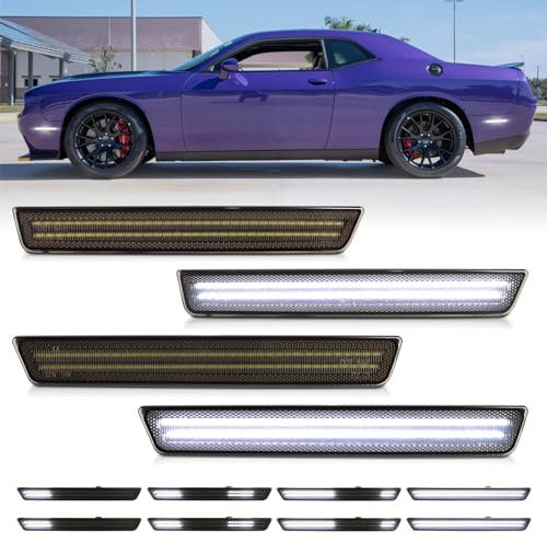 FetonAuto Scan White LED Front Rear Side Marker Lights for Dodge Challenger 2015 2016 2017 2018 2019 2020 2021 2022 2023, Smoked Lens Challenger Bumper Turn Signal Reflector Lamp