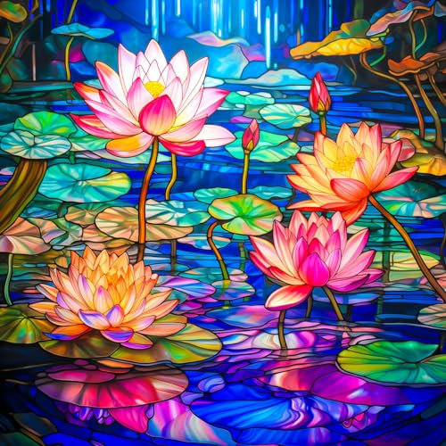 Bgraamiens Stained Glass Waterlily Jigsaw Puzzle - 1000-Piece Floral Art for Adults, Color Challenge with Botanical Mosaic Design, Home Decor & Gift Idea