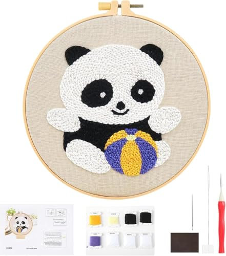 DIY Panda Handcraft Punch Needle Stickerei Kit, Starter-Set Punch Needle, Kreis Rahmen Stickerei Anfänger Stickerei Kinder Stickset Geeignet für Muttertag, Kindertag und andere Feste als Geschenk