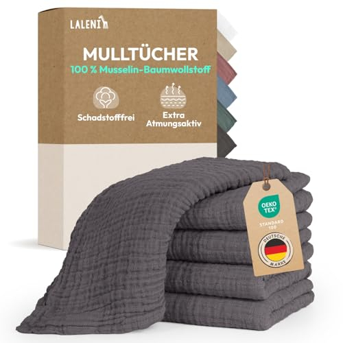 Laleni Spucktücher Baby im 5er Set aus Reiner Baumwolle - schadstofffreie Mulltücher Baby 70x70 - zert.saugstarke Mussellintücher weich - Musselin Tuch als Mullwindel waschbare Mulltücher - Anthrazit