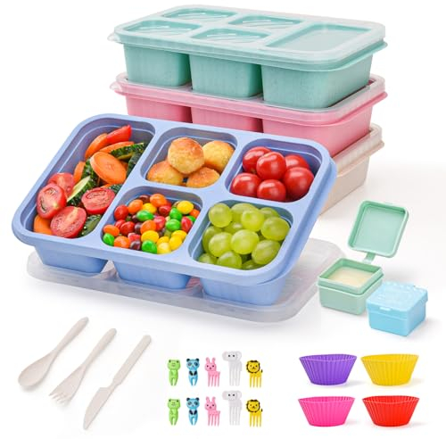 V·Colokishi 4 Stück Bento Snackbox mit Fächern, 5 Fächer Lunchable Snack-Behälter, Bento Lunchbox Brotdose mit Fächern für Kinder und Erwachsene, Meal Prep Lunchbehälter für Schule, Arbeit und Reisen