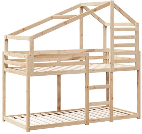 vidaXL Etagenbett, Hochbett mit Dach Leitplanken, Stockbett für Schlafzimmer, Bett Holzbett Einzelbett, 90x200cm Massivholz Kiefer