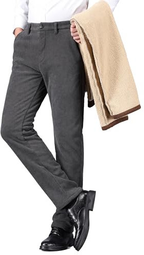 ziilay Pantaloni in velluto a coste da uomo, foderati in pile elasticizzato, con fodera in lana d'agnello, grigio scuro, 40W x 32L