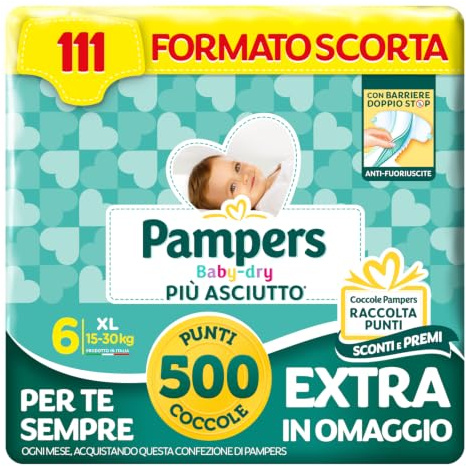 Pampers Baby Dry XL, Größe 6 (15-30 kg), 111 Windeln für Kinder | Vorratsmaß, Anti-Schornsteine, trockener bis zu 12 Stunden, verstärkte und umhüllende Laschen, 500 Punkte gratis