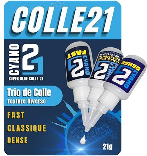 TRIO Super Glue cyano Colle 21, 1 FAST, 1 Colle CLASSIQUE, 1 Colle Cyano DENSE, 3 Colles Cyano professionnel, colles cyanoacrylates de qualité. Colle pour modélisme, colle pour bricolage