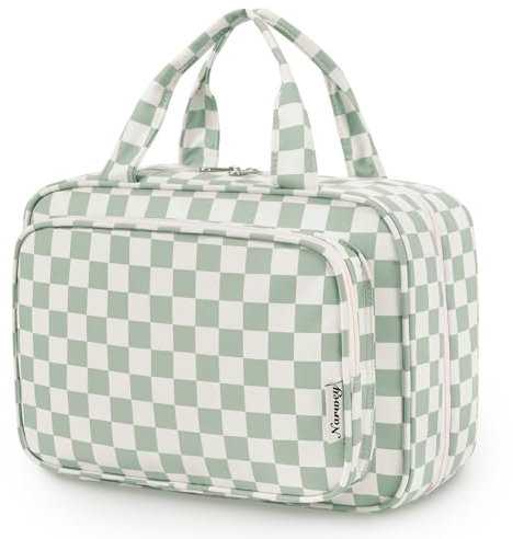 Narwey Kulturbeutel Damen Kulturtasche zum Aufhängen Waschtasche Kosmetiktasche Groß Waschbeutel Kosmetik-Organizer für Damen Mädchen(Mintgrünes Schachbrett(Groß))