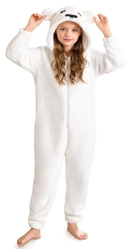 BesserBay Tuta in pile per bambini Onesie con cappuccio, calda, per ragazzi e ragazze, unisex, con animali, 1-12 anni, Orso bianco, 3-4 Jahre