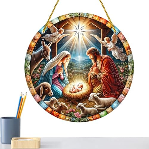 Poupangke Jesus Weihnachtskrippe Schild Jesus & Jungfrau Maria Fenster Tür Religiöse Weihnachtsbaum Krippe Dekoration Haustür Ornament für Erwachsene