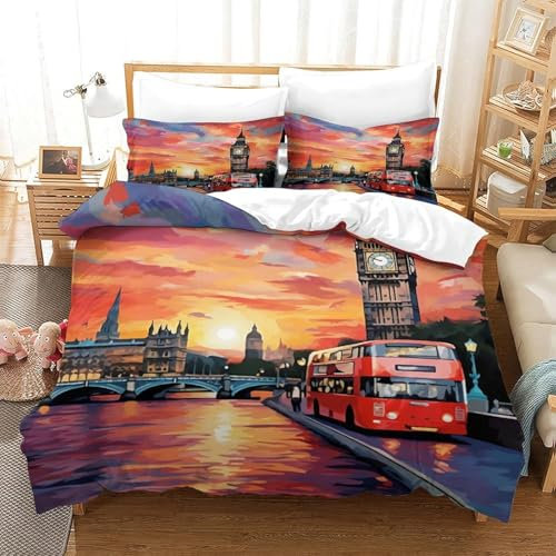 Bettwäsche 200X200 cm, Bettbezug Set Und 2 Kissenbezug 80X80Cm, Blick Auf Den Big Ben Mit Der Flagge des Londoner Union Jack Bettwäsche Set Aus Hypoallergen Mikrofaser, 3D Bettwäsche, 10-73102082149