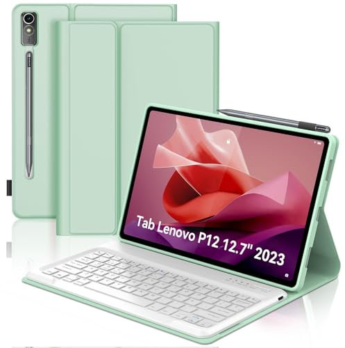 SENGBIRCH Funda con Teclado para Lenovo Tab P12 (2023) 12.7 - Teclado Español Ñ Bluetooth Inalámbrico Extraíble para Tablet Lenovo Tab P12 (2023) 12.7, Verde Claro