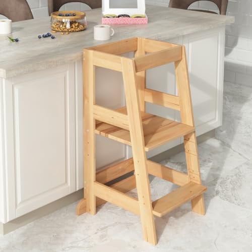 Alavya Home® NEO Lernturm ab 1 Jahr | Hocker Küchenhelfer, Kippschutz aus Buchenholz bis 70 kg belastbar Höhenverstellbar | Learning Tower 3 Level | Lernturm Montessori für Kinder - (Natur)