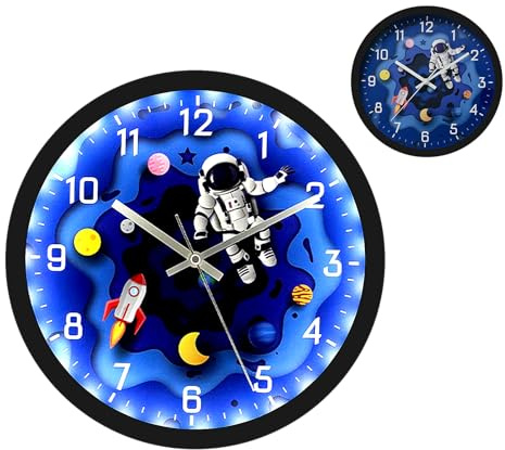 ALEENFOON 30cm WanduhrKinder (Astronaut),Wanduhr-Kinderzimmer Lautlos Ohne Ticken klangaktivierte, Leuchtende, Runde-Wanduhr Im Astronauten-Stil, Leuchtet Im Dunkeln, FüR Kinderzimmer, Wohnzimmer