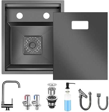 Hidden Stainless Steel Bar Sink with Folding Faucet, Concealed Undermount Workstation Sink for Kitchen, RV, Small Bar or Prep Area (Black-A, 35x45CM)