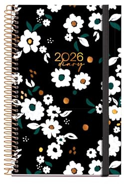 Miquelrius - Kalender 2026, Wochenansicht, ähnlich A6+ (117 x 182 mm), Wochenplaner, fester Kartoneinband, Spiralbindung, Gummibandverschluss, Papier 80 g/m², Katalanisch-EN-PT, Noir Garden