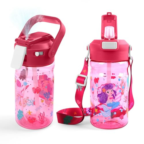Foyucool 600ml Water Bottles Kids with Straw, Mermaid Design, Pink | Leakproof Spray Mist Drinks Bottle with Secure Lock, Soft Handle & Detachable Strap for Carry, Ideal for School, Outdoors