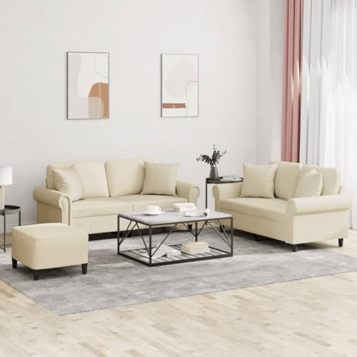 Qnhdfrt 3-Piece Faux Leather Loveseat Sofa Set with Ottoman, Cream