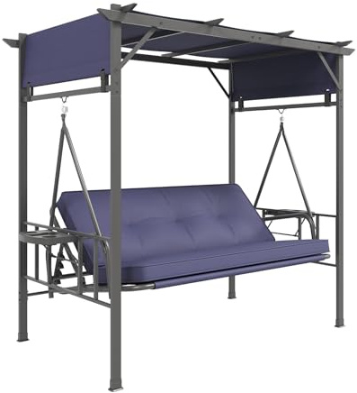 YODOLLA 3-Sitzer Hollywoodschaukel mit Dach, Gartenschaukel mit Liegefunktion aus Metall mit hängender Wolkenhammock-Sessel, Verandaschaukel mit Pergola und Getränkehalter (Blau)