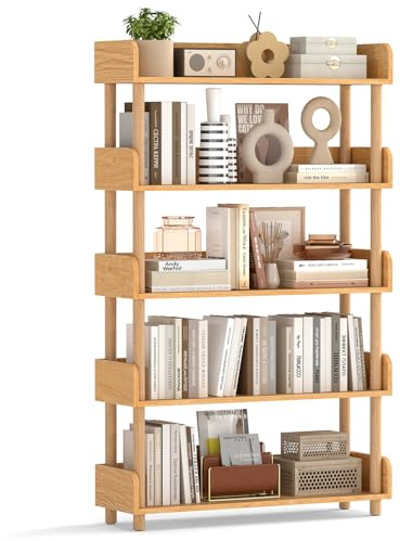 COSTWAY Eckregal mit 5 offene Ebene, freistehendes Bücherregal mit Holzrahmen & Oberkante, Holz Standregal, Lagerregal, Aufbewahrungsregal für Wohnzimmer, Schlafzimmer, Kinderzimmer, 80x24x130,5 cm