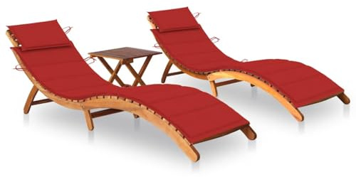 Cartvyn Hamaca 2 piezas con mesa y cojines, madera maciza de acacia con aceite natural, plegable, 184 x 55 x 64 cm, color rojo, para terraza, jardín, piscina e interior
