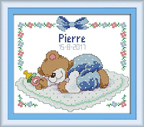 CaptainCrafts Cross Stitch Kits for Adults Stamped Sleeping Baby Pattern | Printed 11CT Fabric, Blue Bear Cross Stitching, DIY Hand Embroidery, Relaxing Crafts, Home Decor