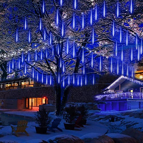 KINGCOO Solar Meteorschauer Regenlichter, Wasserdichte 30cm 10 Tube 360LED Schneefall Regentropfen Draussen Weihnachten Lichterketten für Hochzeit Party Garten Dekoration (Blau)