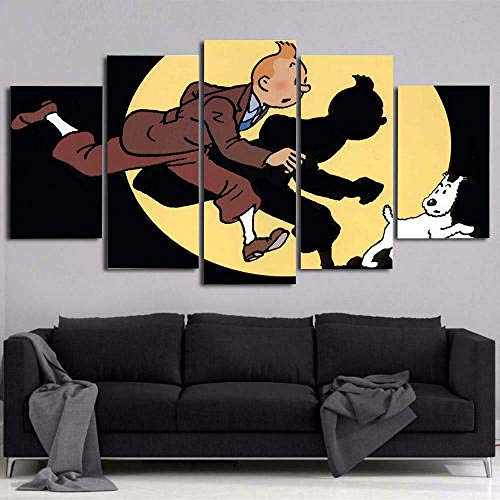 Leinwandbild 5 Teile Bilder Filmanimation Die Abenteuer von Tim und Struppi 5 teilige Wandbilder Wandbilder Kunstdruck 150X80cm Mit Rahmen Vlies Leinwanddrucke Leinwandbilder Cadeau d'Halloween