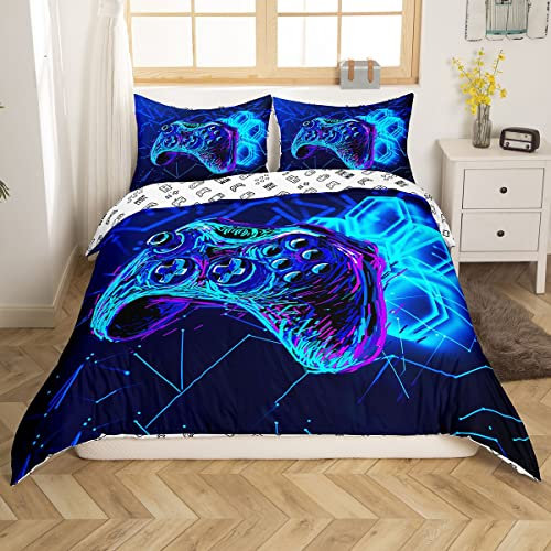 Kids Gamepad Duvet Cover Blue Game Controller Bedding Set for Boys Girls Decor Teens Modern Gamer Comforter Cover Gaming Console Geometry Bedspread Cover 2Pcs Zipper Single Size