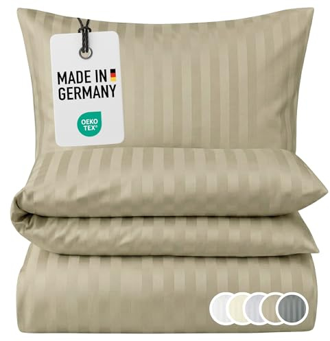 Carpe Sonno Damast Bettwäsche 155x220 cm Mako-Satin Streifen, Beige | Hotel-Bettwäsche mit edlen Damast-Streifen | Bettbezug mit Reißverschluss + Kissenbezug 80x80 | 100 % Baumwolle