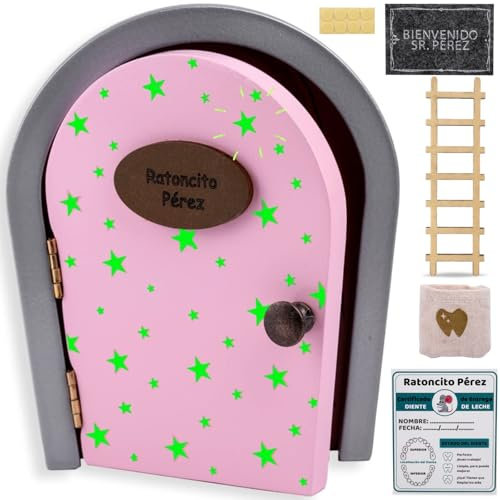 HOMYKIDS® Puerta Ratoncito Perez Que se Abre - Casita Ratoncito Perez Caja Dientes - Puerta Raton Perez de Madera - Puerta Magica con certificados de Entrega Dientes