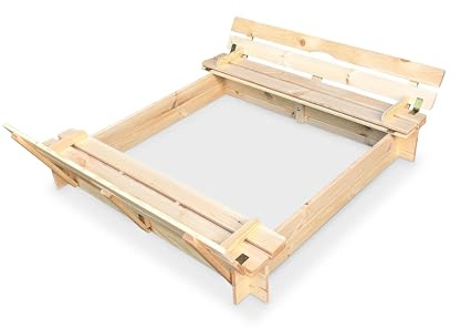 Sandkasten aus Holz mit Deckel und Bänken B118 x T118 x H20 cm Natur