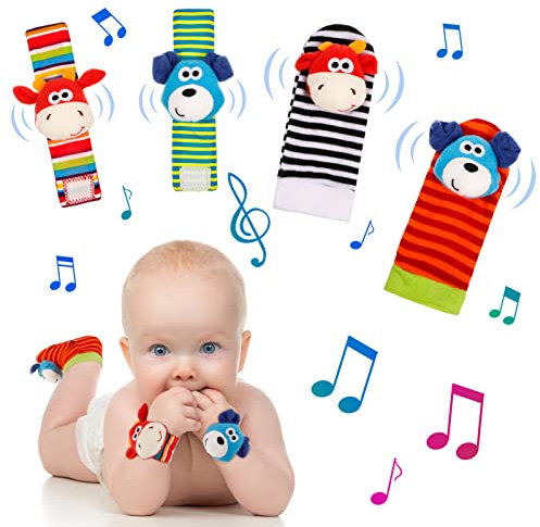 Yorgewd Bébé Poignet et Chaussettes Hochet, 4 Pcs Poignet de Bell Strap Hochets et Chaussettes Pied Bébé Chaussettes De Pied avec Jouets Ensemble Jouet d'Éveil Bébé Convient dès la Naissance