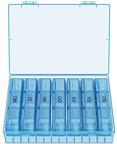 WELLGRO Tablettenbox für 7 Tage - Pillendose je 3 Fächer pro Tag - Klappdeckel mit Druckverschluss - Aufbewahrungsbox - BPA-freier Kunststoff, Farbe:Blau