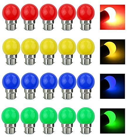 V-TOO LED Bunte B22 Bajonett Birne Farbige Glühbirnen 3W = 30W 240 Lumens AC220V-240V Dekoratives Licht und Design Ambiente Leuchtmittel in Klasse Golfball Form Gemischte Farben - 20er Pack