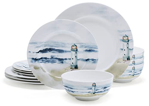 Mikasa Seaside Coastal Bone China Lightweight Chip Resistant 12 Piece Dinnerware Set, Service for 4
