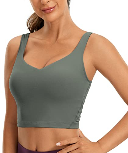 CRZ YOGA Butterluxe Damen V-Ausschnitt Longline Sport-BH - Gepolstert Workout Crop Tank Top mit Eingebautem BH Grauer Salbei M
