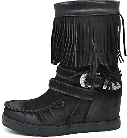 IF Fashion Scarpe Stivali Stivaletti Indianini da Donna Zeppa Interna Frange Fibbia 9669 Nero N.36
