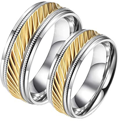 Dsnyu Ringe Männer, Zweifarbig Eheringe Modern 7.5MM, Edelstahl Silber Gold Bandring Damen Freundschaftsgeschenk Damen GR. 60 (19.1) + Herren GR. 70 (22.3)