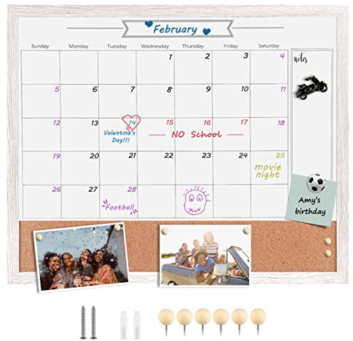 TORASO Whiteboard-Kalender und Korktafel, 59,9 x 80 cm, Kombination aus trocken abwischbarem Whiteboard und Pinnwand, weißer Rahmen, Kalender/Kork-Kombi-Tafel (ZHYL-WH-6080)