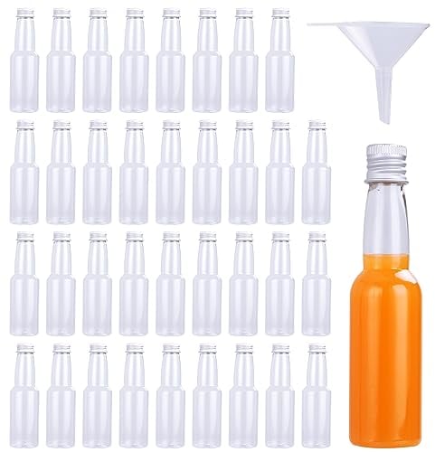 APACALI 36 PCS Mini Liquor Bottles, 100ML Plastic Empty Spirit Bottles, Reusable Mini Alcohol Bottles, Miniature Bottles with Aluminum Lids and Funnel, Small Plastic Bottles for Liquid storag