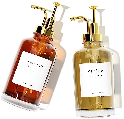 BOLLFO Kaffeesirup Pumpspender für Kaffee Bar Zubehör, Kaffee Pumpen Spender, Glas Sirup Flasche Sirup Pumpspender Kaffeesirupspender mit 58 Etiketten, 16.9oz 500ml, 2er-Set.